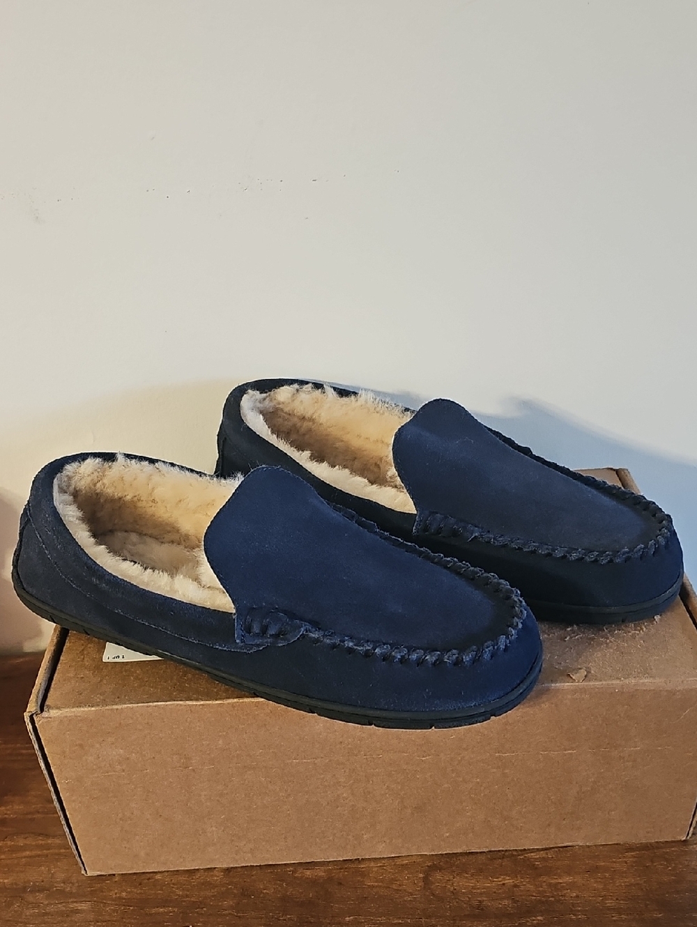 Lands' End Navy Suede Fleece-Lined Slip-On Moccasins